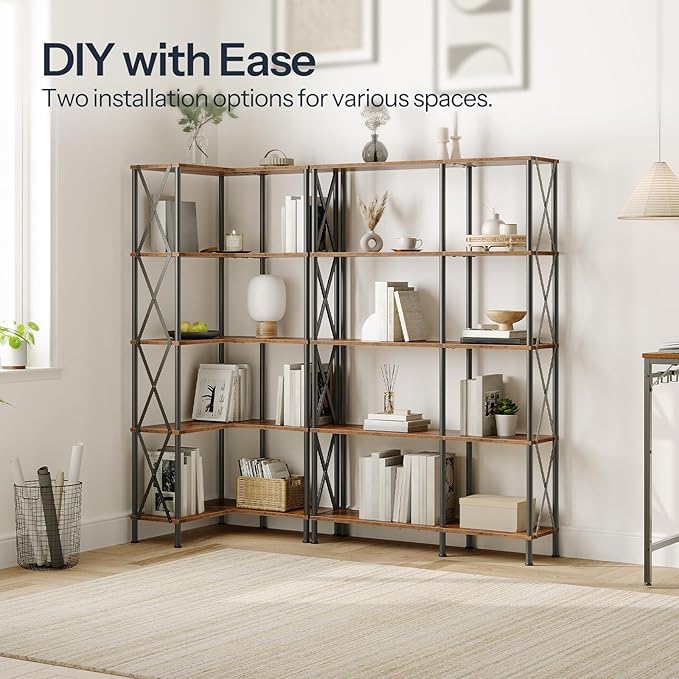 HOOBRO Corner Bookshelf, 5-Tier L-Shaped Bookcase, Industrial Open Display Shelf Tall Storage Organizer, Vertical Storage Rack, for Living Room, Home Office, Rustic Brown and Black BF60SJ01