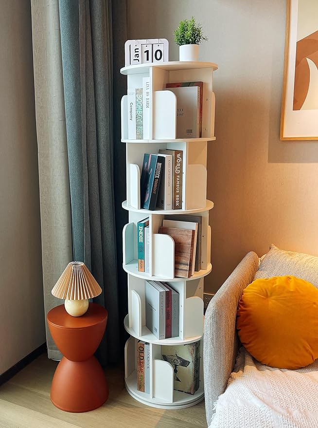 Heehee Wooden Rotating Bookshelf 360 Display Floor Standing Bookcase Storage Rack for Kids&Adults Multi-Functional Bookshelf Organizer (White (5-Tier))