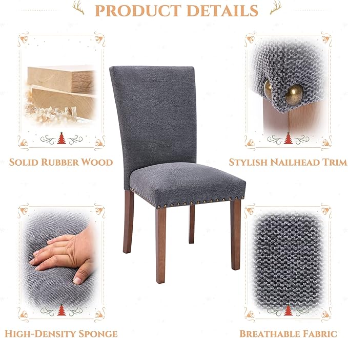 Parsons Dining Chairs Set of 4, Upholstered Nailhead Dining Room Kitchen Side Chair with Thick Cushions and Wood Legs, Dark Grey