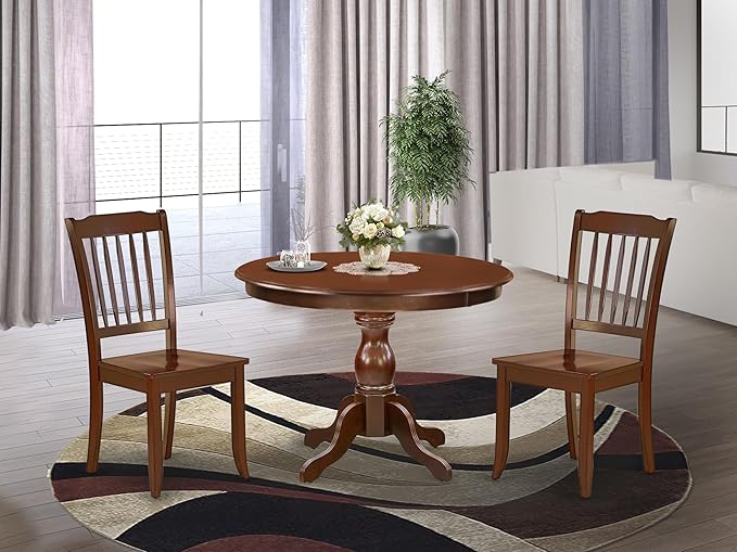 East West Furniture HBDA3-MAH-W 3 Piece Modern Dining Table Set Contains a Round Wooden Table with Pedestal and 2 Dining Chairs, 42x42 Inch, Mahogany