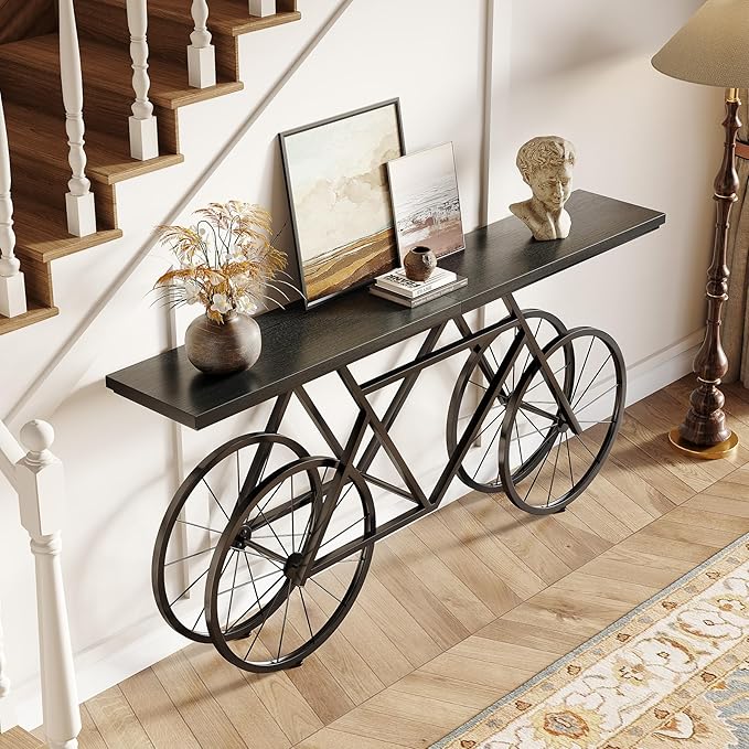 LITTLE TREE Narrow Sofa Table, 70.9-Inch Extra Long Console Table for Living Room, Entryway, with Unique Bicycle Metal Base. Black