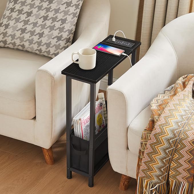 Slim Charging End Table with Storage - for Small Spaces and Bedroom (Black)