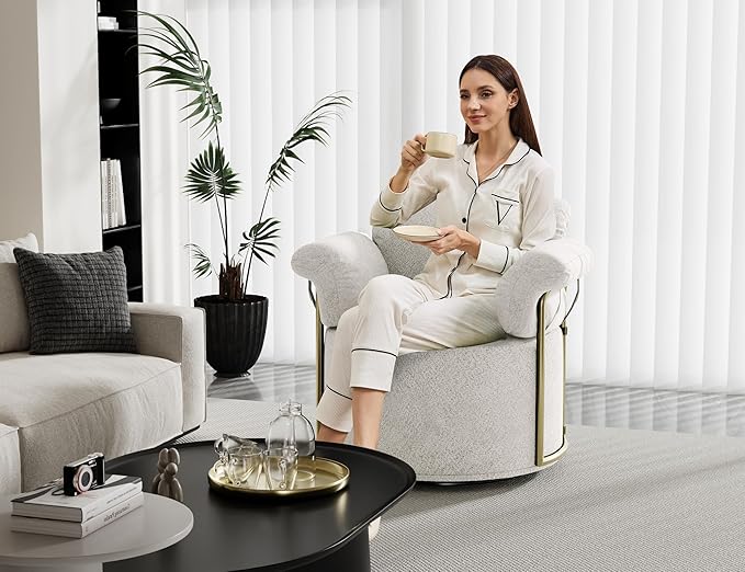KEIKI Modern Comfy Swivel Accent Reading Chair, 360°Round Upholstered Barrel Armchair Single Club Lounge Sofa Chairs for Living Room,Bedroom, Office,Beige