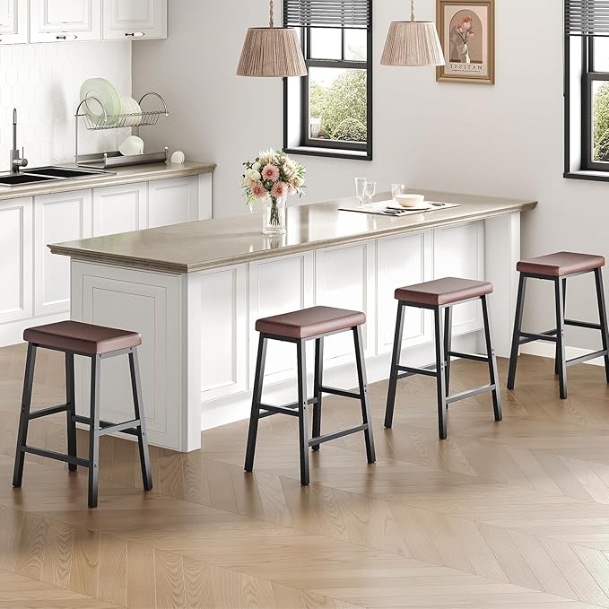 HOOBRO Bar Stools, 24" Set of 2 Bar Chairs, PU Leather Upholstered Breakfast Stools, Easy Assembly, Suitable for Kitchen, Bar, Dining Room, Brown and Black BC01MD01