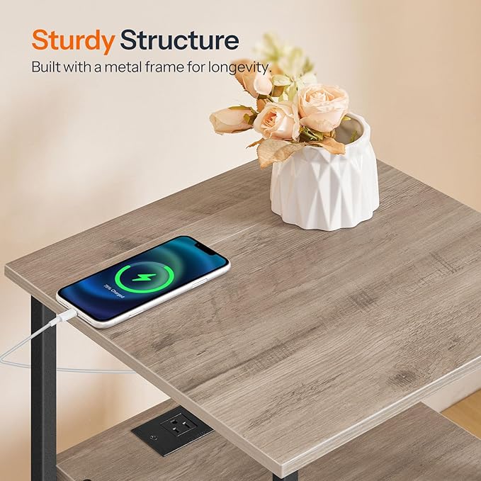 HOOBRO End Table with Charging Station, Nightstand with 2 Drawer & USB Ports & Power Outlets, Bedside Table for Small Spaces, Stable and Sturdy, for Living Room, Bedroom, Greige and Black BG43UBZ01