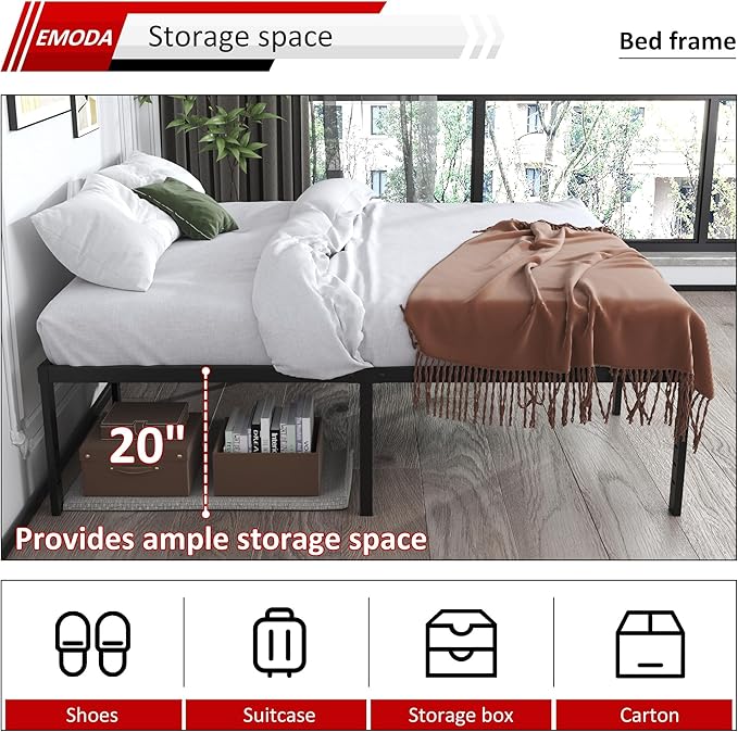 EMODA 20 Inch Tall Full Size Bed Frame with Large Storage Space, Easy Assembly Heavy Duty Metal Platform No Box Spring Needed, Noise Free, Black