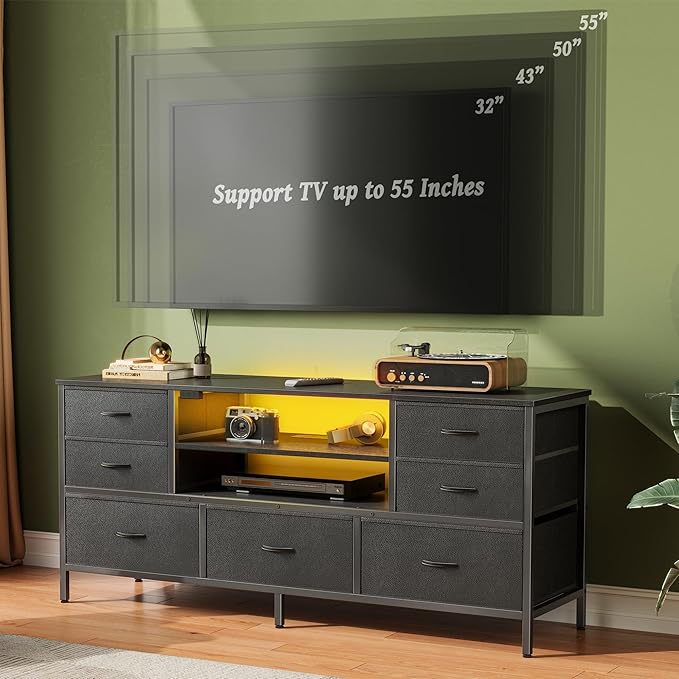 Huuger TV Stand Dresser with Power Outlets and LED Lights, 7 Drawer Console for 55 Inch TV, Black PU Leather Bedroom Dresser