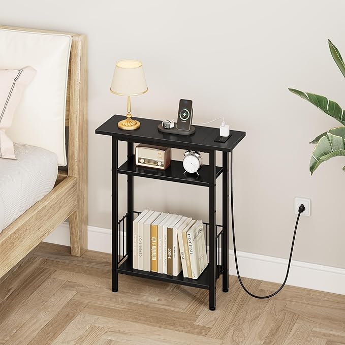 Vagusicc Narrow Side Table with Charging Station, 3-Tier Skinny Side End Table for Couch, Small End Tables for Small Spaces, 25.2" Tall Slim Nightstand Bedside Table for Living Room, Bedroom, Black