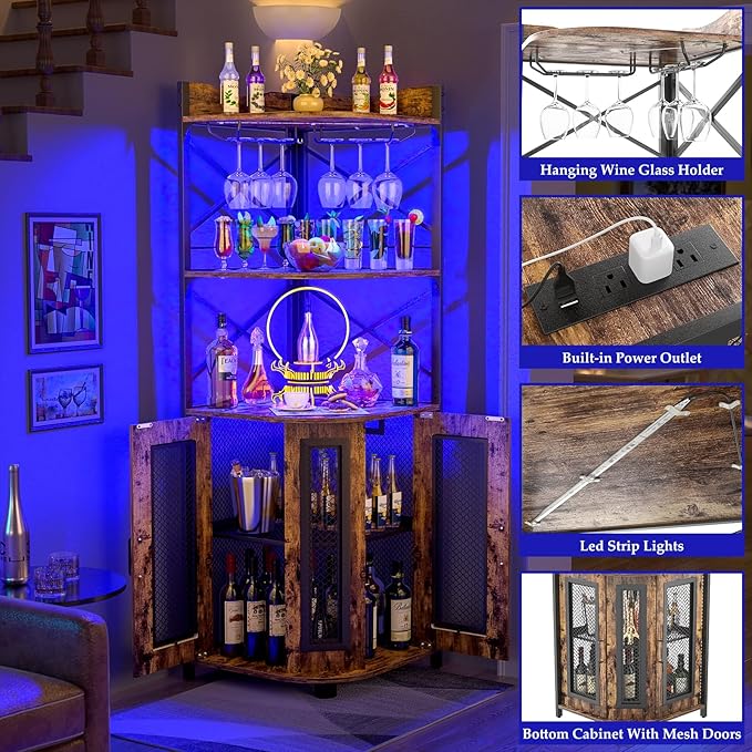 Aheaplus Corner Bar Cabinet with Power Outlet, Industrial Wine Cabinet with LED Strip and Glass Holder, 5-Tiers Liquor Cabinet Bar Unit for Home, Corner Display Cabinet for Small Space, Rustic Brown