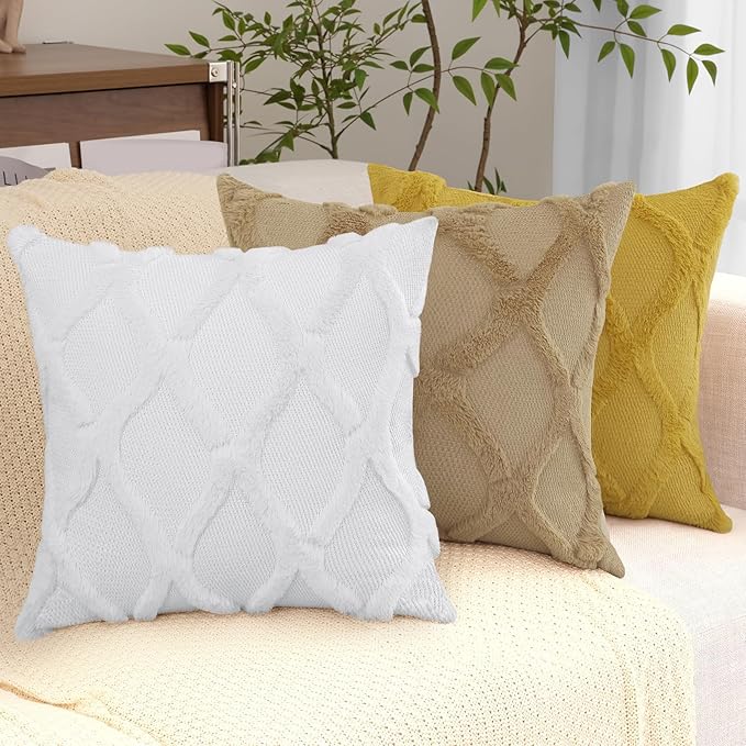 decorUhome Throw Pillow Covers 26x26 Inch Set of 2, Soft Plush Faux Fur Wool Khaki Couch Pillow Covers, Decorative Neutral Pillow Cases for Bed Sofa Living Room Home Decor