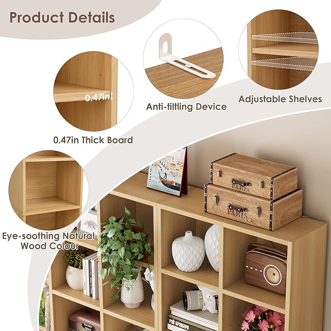 FOTOSOK 71’’ Narrow Bookshelf and Bookcase, Wooden Shelf 7 Tier Media Storage Tower Rack, CD DVD Storage Tower Rack with Adjustable Shelves,Double Wide Slim Bookshelf Cube Storage Organizer, Natural