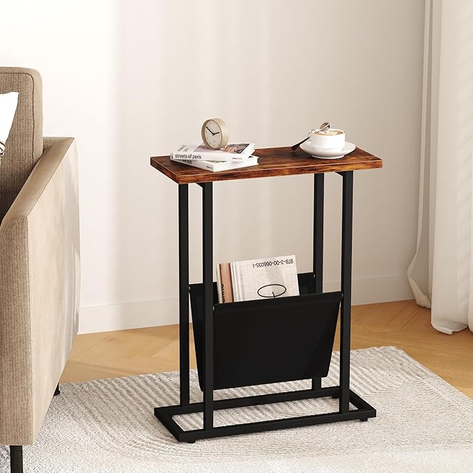 Narrow Side Table for Small Spaces, Small End Table Set of 2 with Magazine Holder, Skinny Slim Little Thin Table for Living Room, Bedroom, Sofa, Rustic Brown