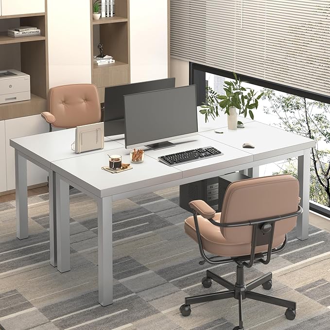 55.1 Inch Small Computer Desk, Home Office Desk, Modern Desk Table for 2 Person Kids Student Gaming Computer Desk, Simple Office Desk for Work,Craft,Writing,Studying, Etc., White