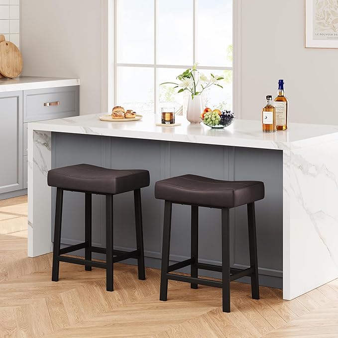 GarveeHome Counter Height Bar Stools Set of 2, 24 Inch Brown Barstools for Kitchen Island Counter, Upholstered Padded Saddle Chairs with Curved Cushion, Easy Assembly