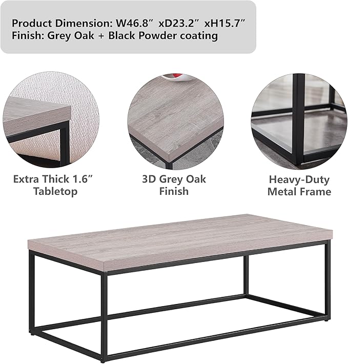 CENSI 47-Inch Grey Wash Accent Coffee Table/Center Table for Living Room, Rectangle Modern Industrial Style,Wood and Metal, Max.Loading 220 lbs. (French Oak)