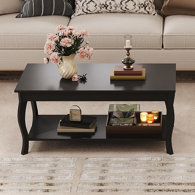 ChooChoo Coffee Table, Modern Center Table with Curved Legs and Storage Shelf, 39" Coffee Table for Living Room, Black