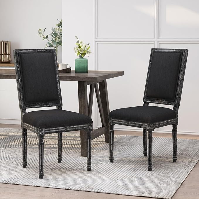 Merax Upholstered Solid Wood Dining Chairs Set of 2, French Country Style Accent Side Seating Furniture for Kitchen, Living Room, Cushioned Back, Black