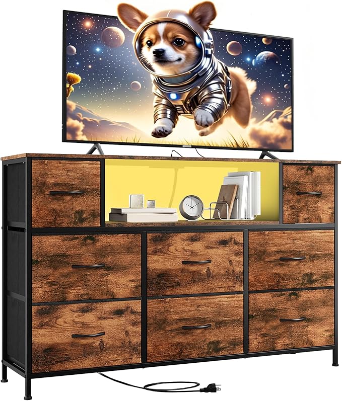 Somdot Dresser TV Stand, TV Stand Dresser for Bedroom, Fabric Storage Tower with 8 Drawers, Fabric Chest for Living Room, Hallway, Entryway, Closets,Easy Pull Handle, Wood Grain Print