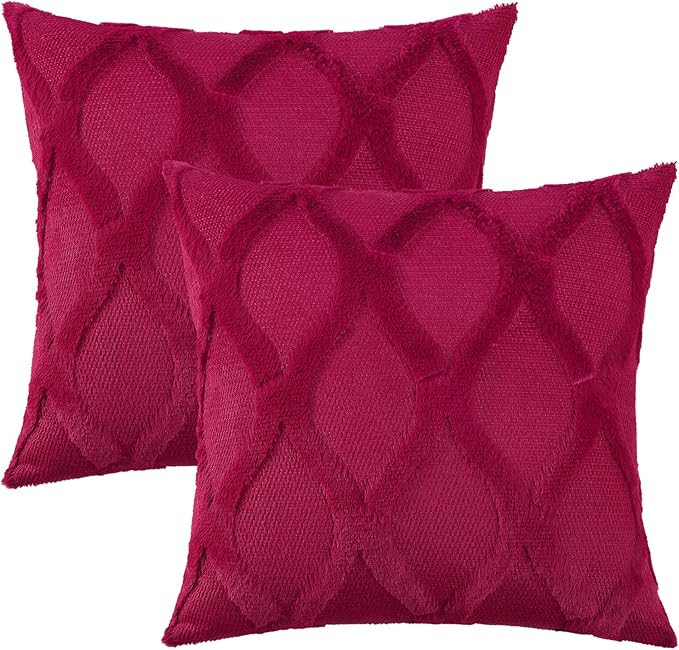 decorUhome Throw Pillow Covers 24x24 Inch Set of 2, Soft Plush Faux Fur Wool Burgundy Couch Pillow Covers, Decorative Neutral Pillow Cases for Bed Sofa Living Room Home Decor