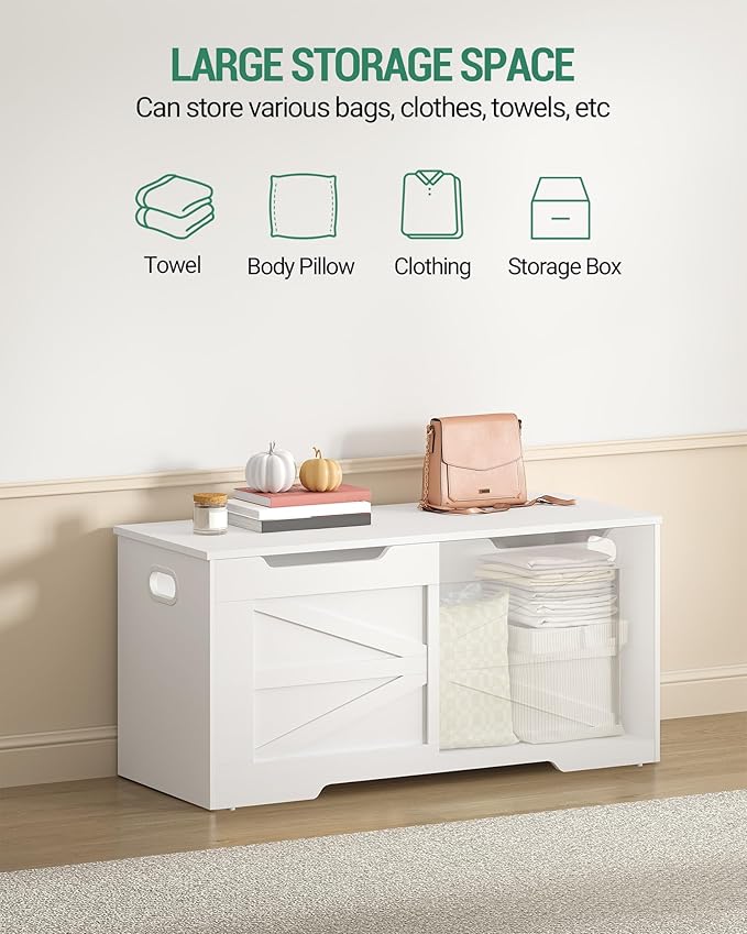 39.4" Storage Chest, Extra Large Storage Trunk with 2 Safety Hinges, Wooden Box Bench, Lift-Top Organizer Chest, Shoe Bench for Entryway, Bedroom, Living Room, White SB03403X