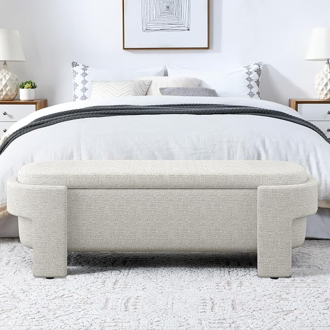 KEIKI 51" Linen Ottoman Bench with Large Storage Space, Upholstered Seating Foot Rest Stool Furniture for Bedroom, Living Room, Entryway, Beige Stripe