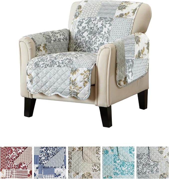 Patchwork Scalloped Printed Furniture Protector Stain Resistant Chair Cover (Chair, Grey)