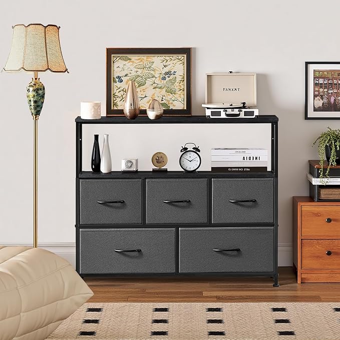 TV Stand, 5 Fabric Drawers Dresser Entertainment Center for TV up to 45 inch Wooden Media Console Table Storage Organizer with Open Shelf, for Living Room, Bedroom, or Small Space, Gray