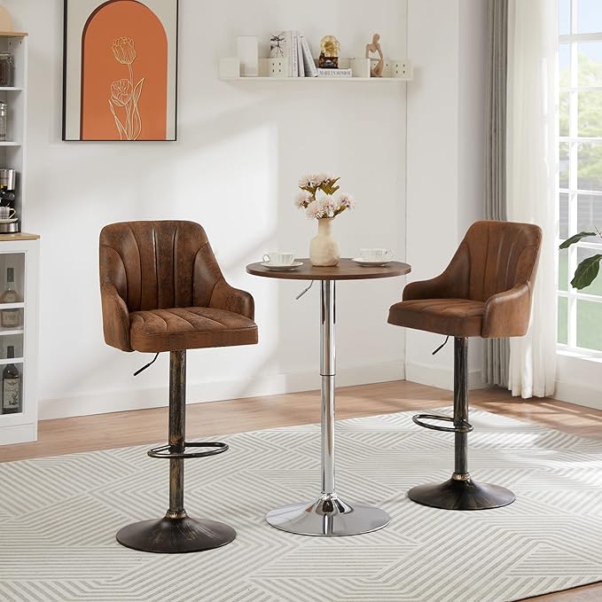 VECELO Bar Stools Set of 4, Adjustable Barstools, Counter Height Stools with Back and Arm, Kitchen Island Stools, Swivel PU Chairs for Pub, Dining Room, Industrial Style, Dark Brown