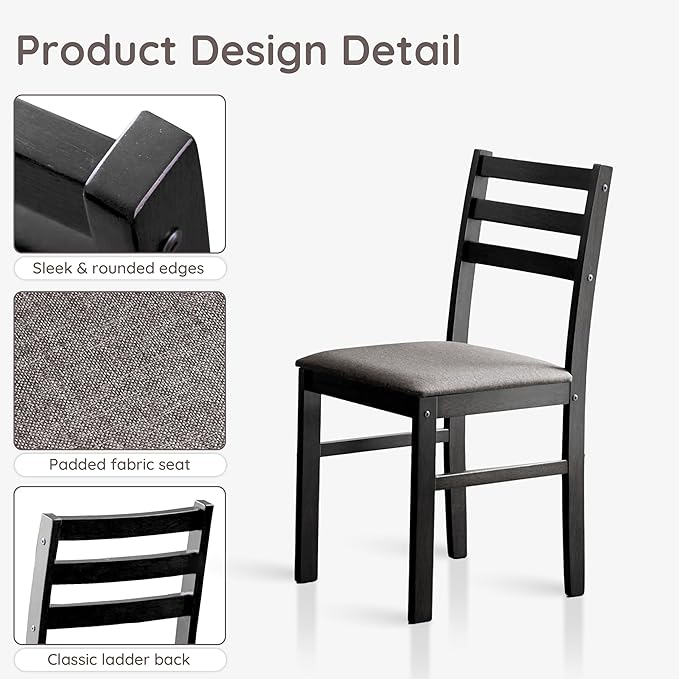 Livinia Seattle Modern Farmhouse Kitchen Dining Room Chair Set of 4, Solid Wood Fabric Upholstered Cushion Seat Wood Ladder Back Chairs (Black)