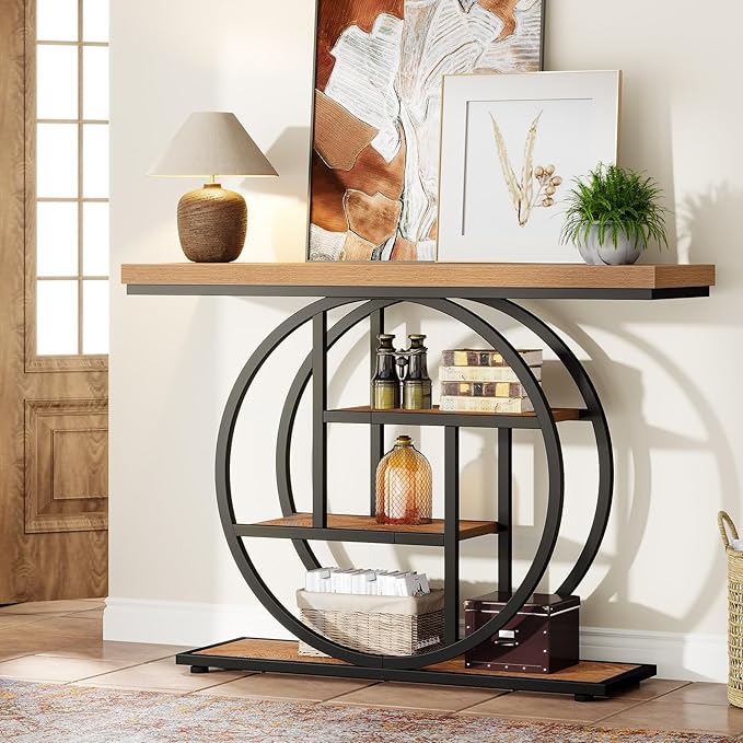 Tribesigns 41.3" Console Table, Industrial 4-Tier Sofa Table Entryway Table with Circle Base, Narrow Wood Accent Tables with Storage Shelves for Living Room, Hallway, Foyer, Light Brown