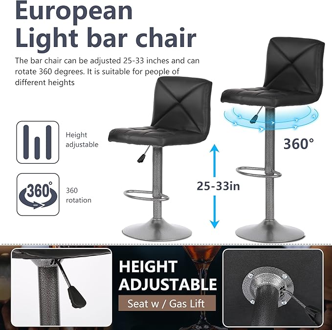 BestOffice Bar Stools Set of 2, PU Leather Swivel Bar Stools Kitchen Counter Height Bar Chairs with Hydraulic Adjustable for Kitchen, Dining Room and Restaurants