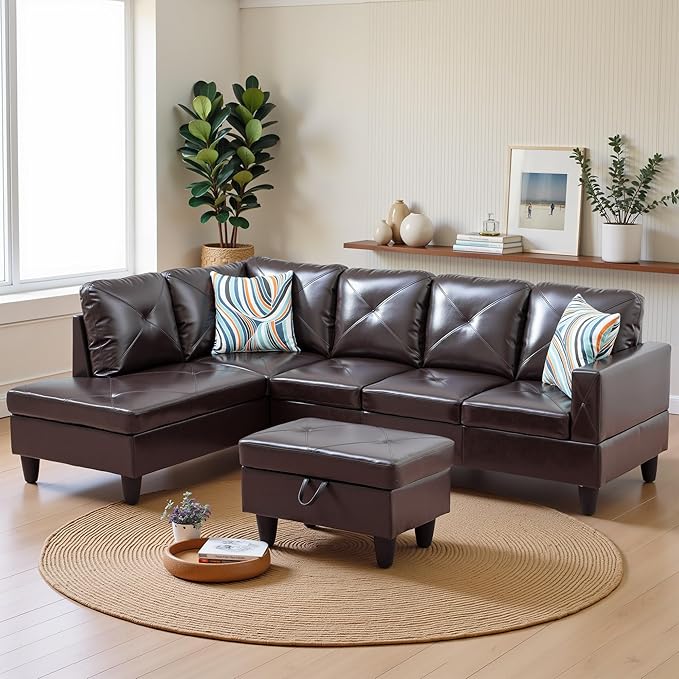 Osparple L Shaped Couch Faux Leather Sectional Couches for Living Room Upholstered 3 Pieces Modular Sectional Sofa with Chaise, Ottoman with Storage for Living Room and Small Apartment, Brown