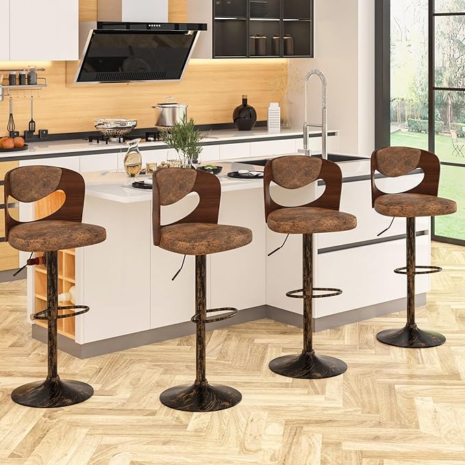 VECELO BarStools Set of 4,Kitchen Island Stools with Bentwood Back,Arm&Footrest,Counter Height Bar Chairs PU Leather Cushion Seat Adjustable Height 360°Swivel,Island Chairs for Club Pub,Rustic Brown