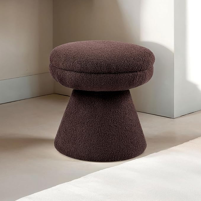 Furniture of America Rami Modern 18-inch Mushroom-Shape Upholstered Ottoman with Tapered Pedestal, Vanity Stool Chair, Small Foot Stool for Bedroom, Living Room, Entryway, Brown