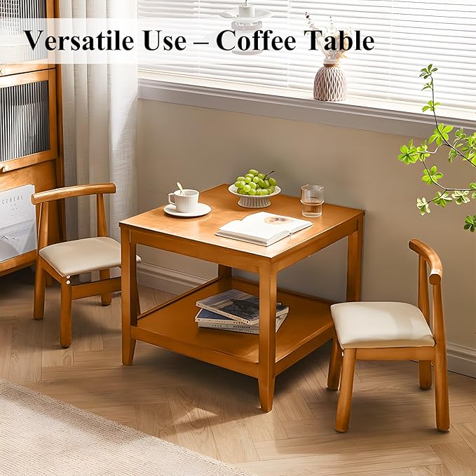 Side Table, Solid Wood Square End Table with Storage Shelf, 2-Tier Coffee Table for Living Room, Rubber Wood Small Sofa Table, Nightstand 23.62 H x 23.62 W x 23.62 D Inches (Natural)