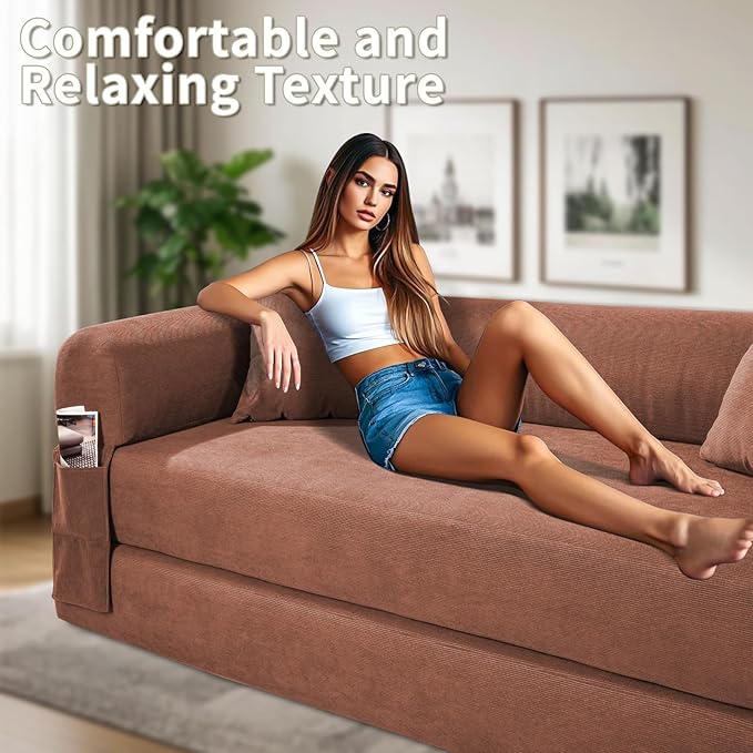 80" Convertible Sofa Bed, Corduroy Deep Seat Folding Pull Out Couch with Pillows, No Assembly Modern Boneless Couch Compression Sofa in Box, Floor Sofa with Storage Pocket for Living Room,Pink