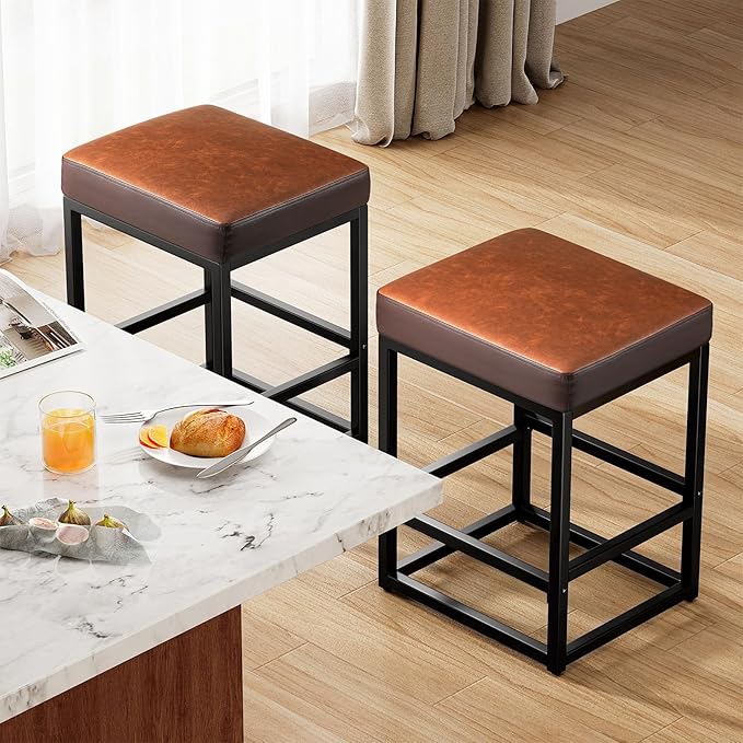 Counter Height Bar Stools Set of 2, 24" Barstools for Kitchen Countertop, Faux Leather Counter Stools with Thick Square Seats & Sturdy Metal Base, Simple Assembly, Gray