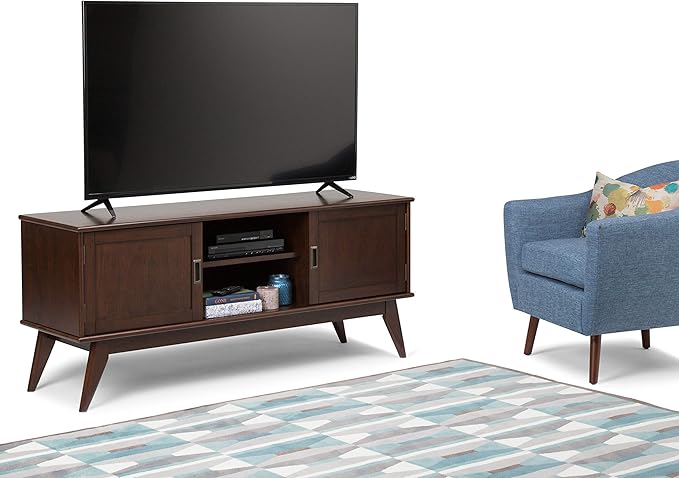 SIMPLIHOME Draper SOLID HARDWOOD 60 inch Wide Mid Century Modern TV Media Stand in Medium Auburn Brown For TVs up to 65 inches for the Living Room and Entertainment Center