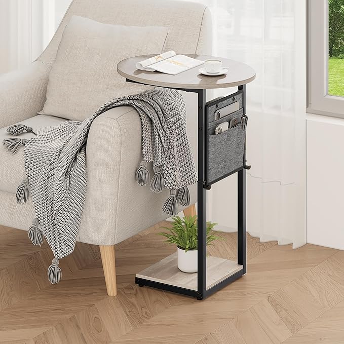 Vagusicc C Shaped End Table, Adjustable Height Small Side Table for Couch and Recliner, 32" Tall Couch Side Table Slide Under Sofa Tray Desk with Storage Bag for Living Room and Bedroom, Greige