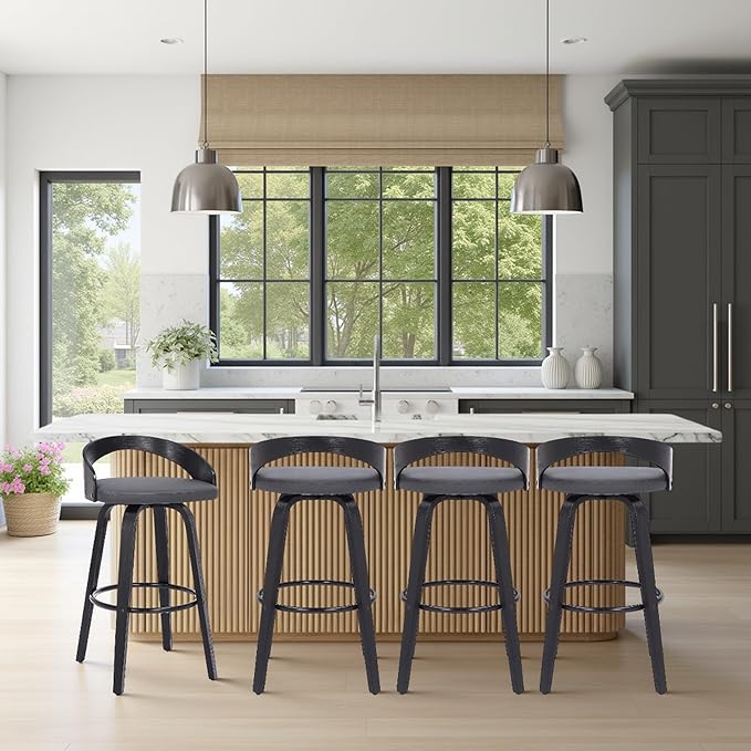 Armen Living Sonia 26" Counter Height Swivel Gray Faux Leather and Black Wood Bar Stool - Set of 4