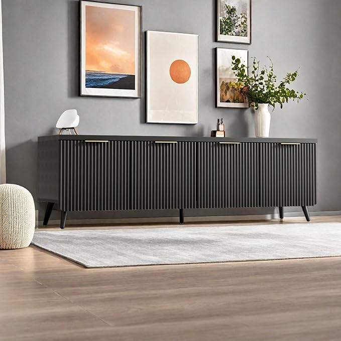TV Stand for Up to 60" TVs, Modern Entertainment Center with 4 Cylindrical Stripe Doors, Media Console Table with Solid Wooden Legs, Modern TV Stand for Living Room, Bedroom, Black