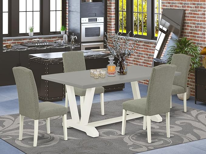 East West Furniture V097EN206-5 5 Piece Dining Table Set Includes a Rectangle Dining Room Table with V-Legs and 4 Dark Shitake Linen Fabric Upholstered Chairs, 40x72 Inch, Multi-Color