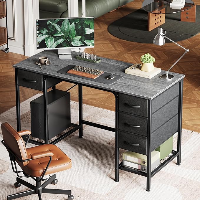 Huuger 47 Inch Computer Desk with 4 Drawers, Office Desk with Mesh Shelf, Gaming Desk, Large Storage, Writing Work Desk for Home Office, Study, Bedroom, Work from Home, Grey
