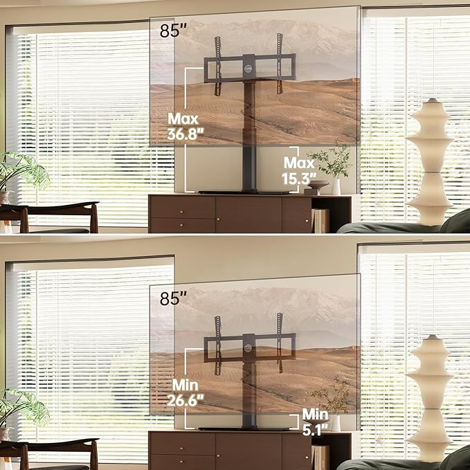 FITUEYES Universal TV Stand Mount for 43-80 85 inch TVs, Swivel Tall TV Mount Stand, Table Top TV Stand Base Replacement, Height Adjustable TV Table Stand, Glass Base, Max Holds 110lbs