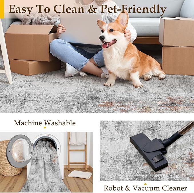 8x10 Washable Area Rug Grey Rust Modern Neutral Abstract Living Room Bedroom Indoor Floor Carpet Low Pile Soft Non-Slip Lightweight Vacuumable Large Throw Rug for Kitchen Dining Room