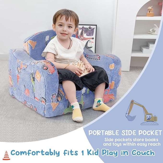 Comfy Toddler Chair and Couch for Kids with Blanket,2-in-1 Soft Plush Fold Out Toddler Couch for Girls and Boys,Convertible Sofa to Lounger for Playroom,Car Excavator