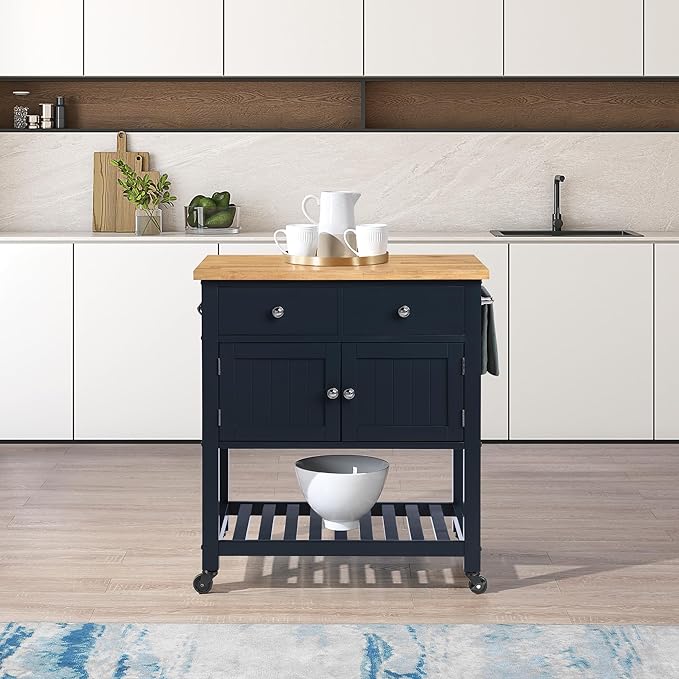 OSP Home Furnishings Stirling Farmhouse Kitchen Cart, Rolling Storage Cabinet with Drawers, Shelf, 5 Utility Hooks, Dark Blue with Natural Wood Top