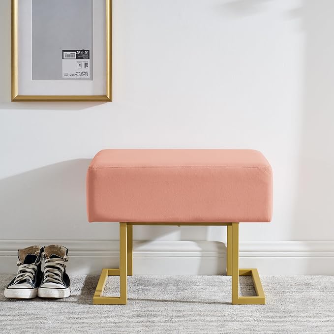 Modern Style Bedroom Single Seat Bench, Cushioned Bed end Stool, Living Room Sofa Stool, Footstool with Golden Iron Legs, Suitable for Bedroom and Living Room (Pink, 21.65"x15.74"X16.53")
