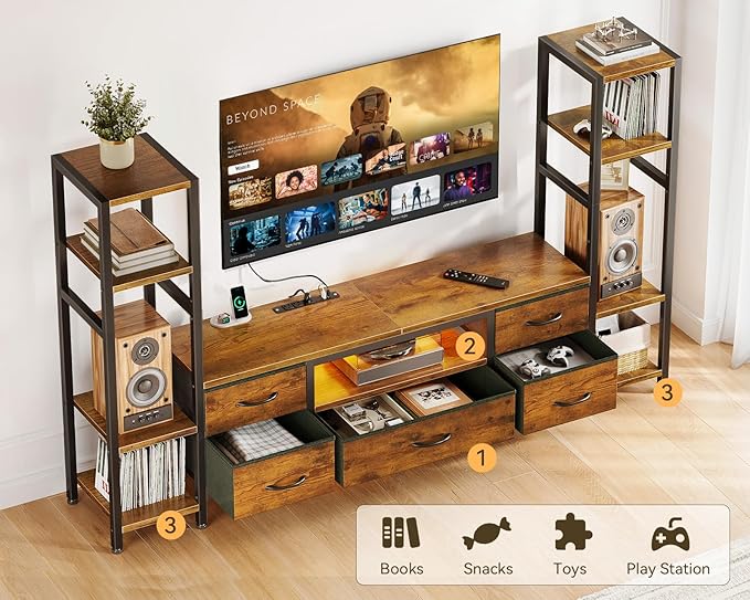 Casaottima 71" TV Stands for 43, 50, 55 Inch TV Entertainment Center with LED Lights and Power Outlets, TV Stand Living Room with 5 Fabric Drawers & Shelf, TV Console Cabinet for Bedroom, Rustic Brown