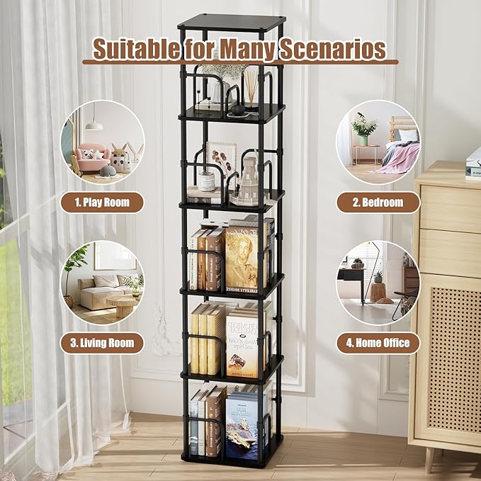 5 Tier Square Rotating Bookshelf, 360 ° Display Stackable Spinning Bookshelf Tower, Space Saving Tall Floor Standing Swivel Bookcase Corner Storage Organizer for Living Room, Black, Small Size